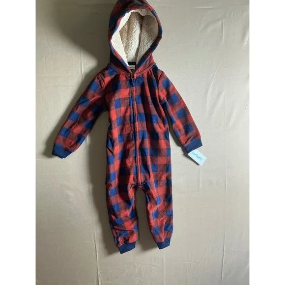 Carters Baby Boys Red Blue Buffalo Plaid Fleece Hooded Jumpsuit 24M 1M720010 - Picture 1 of 8